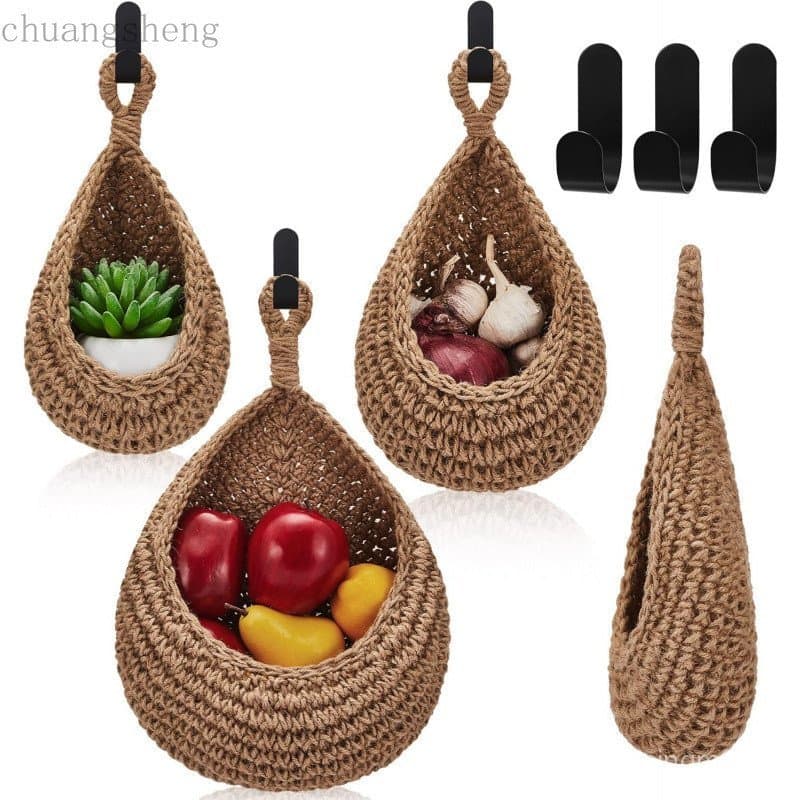 Cestas de Parede Decorativas Boho Honeydak para Cozinha, Conjunto de 3 Cestas em Forma de Gota com Ganchos para Armazena