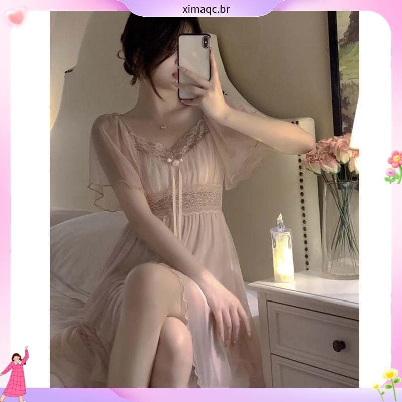 Pijamas femininos verão camisola com almofada no peito novo estilo de manga curta renda gaze bonito doce estilo princesa