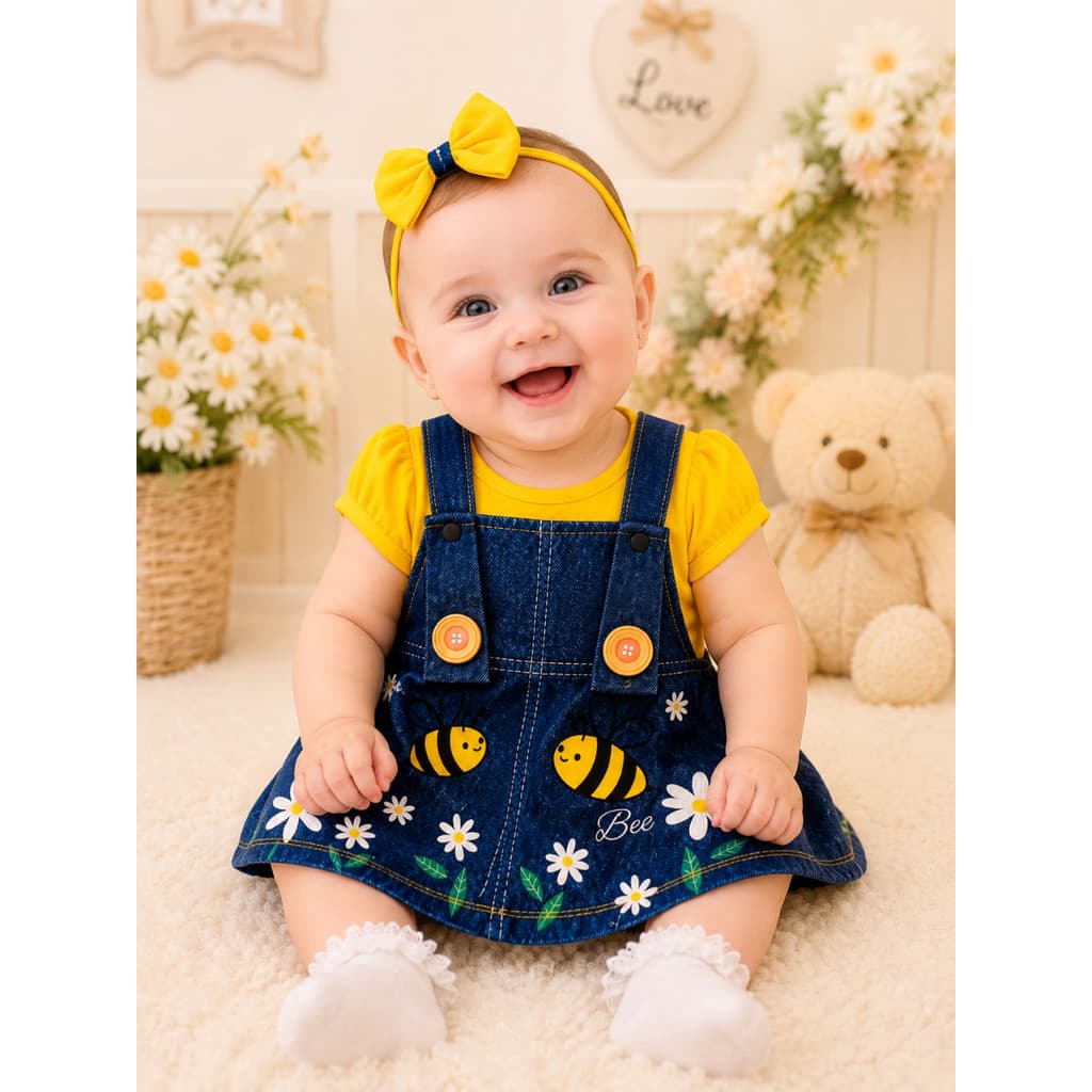 Jardineira Abelhinha Bebê Menina Recém Nascida com Camiseta | Vestido Infantil Amarelo para Passeio de Abelha