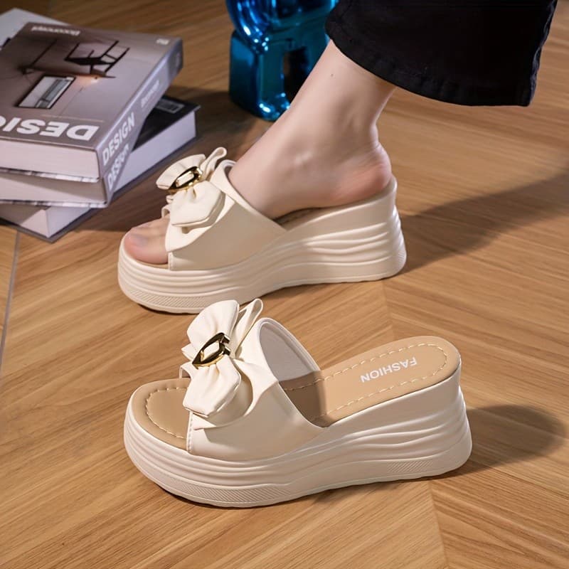 Chinelos Femininos Com Laço , Novo Estilo , Ultraleve , Sola Grossa , Sapatos Elegantes E Versáteis Que Aumentam A Altur