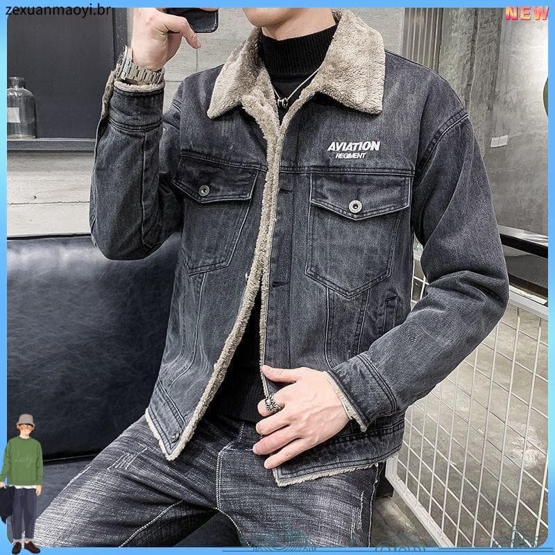 Forro de lã engrossado jaqueta jeans masculina inverno cordeiro velo quente algodão acolchoado jaqueta Casual de meia-id