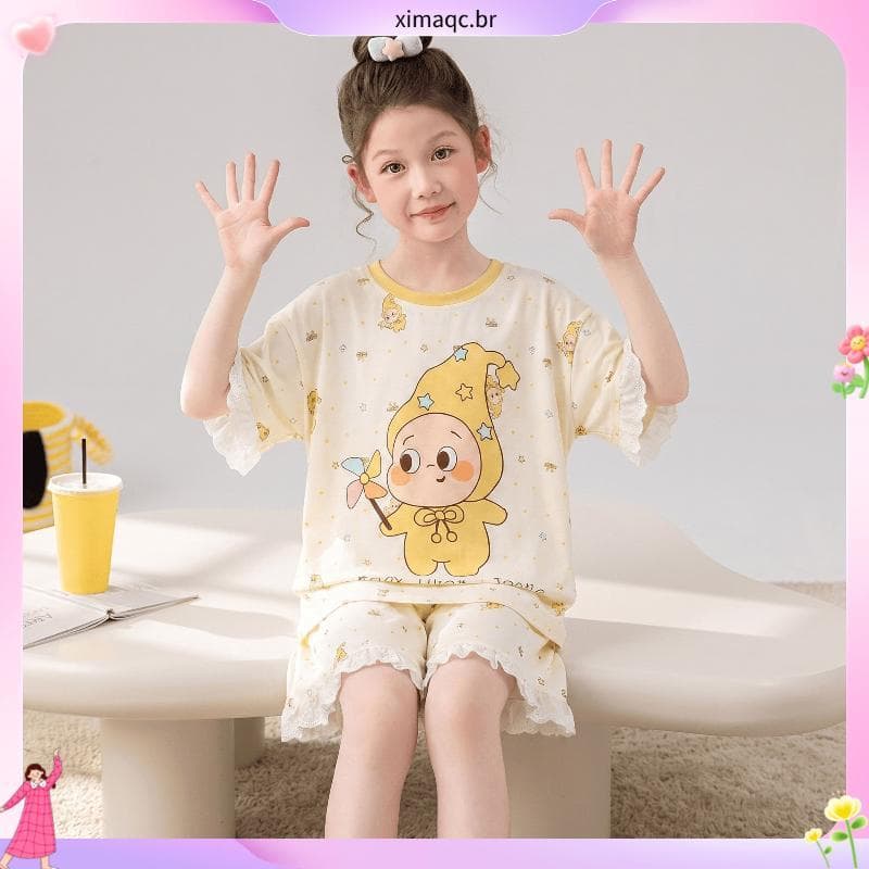 Médio grande crianças novo estilo Modal fino em torno do pescoço Loungewear terno 2026 verão dos desenhos animados estre