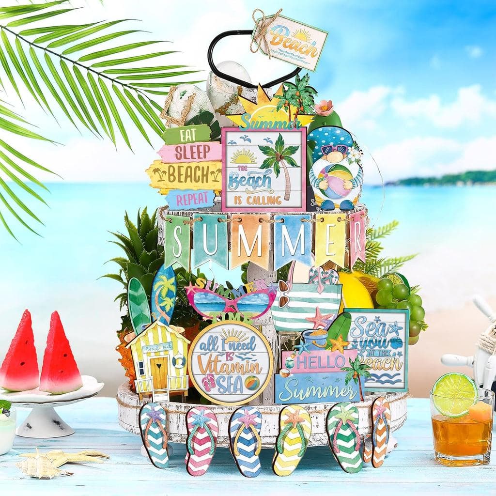 Menkxi 24 Peças Decoração de Bandeja em Camadas para o Verão Havaiano, Decoração Rústica de Praia para a Piscina, Decora