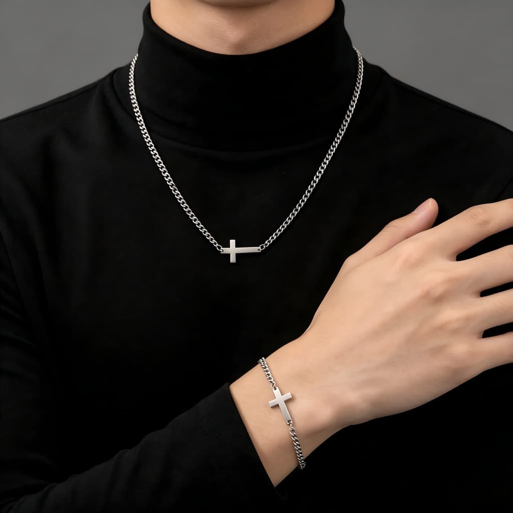 Conjunto de joias estilo casal de aço inoxidável cruzado moderno exclusivo