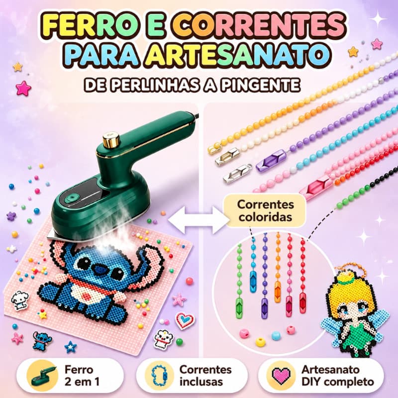 Mini Ferro Elétrico para Miçangas Fusíveis Fuse Beads, Ferro de Artesanato DIY, Apenas o Ferro+Correntinha Bolinha