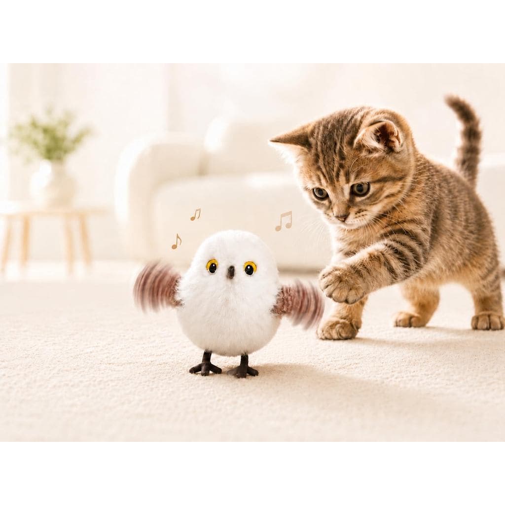 Brinquedo Interativo para Gatos em Forma de Pássaro, Asas Batendo, Sons de Chirrido, Recarregável |   Pássaro de pelúcia