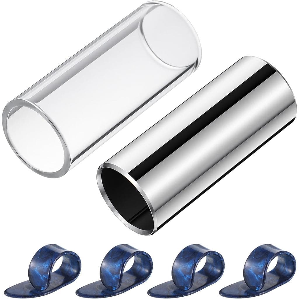 Conjunto de Slides para Guitarra: 1 Slide de Vidro, 1 Slide de Aço e 4 Palhetas para Guitarra Elétrica e Acústica