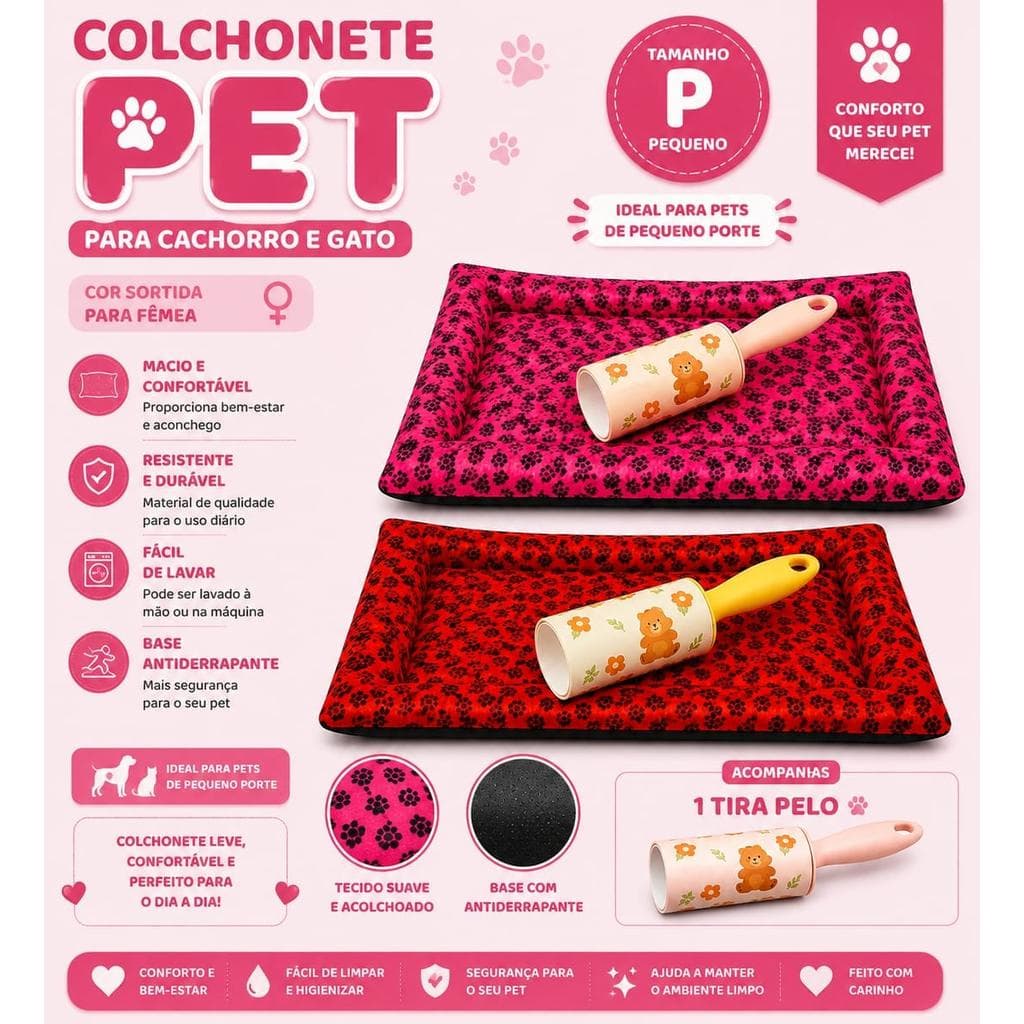 Kit Colchonete Pet Tamanho P Com Tira Pelos - Fêmea