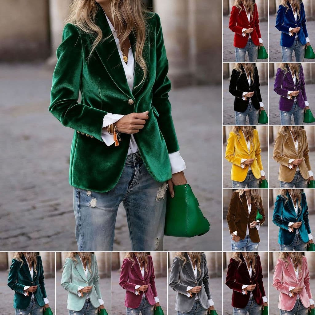 Novidade de primavera: elegante e ajustado terno com bolsos decorativos em veludo dourado.