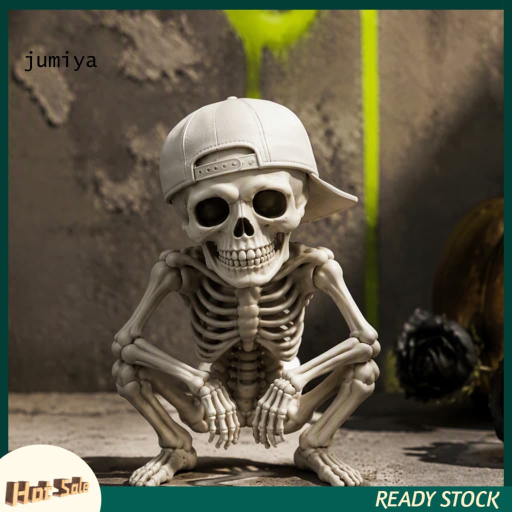 Crouching Skeleton Statue Resin Skull Figurine Halloween with Baseball Cap Spooky Desktop Decoration for Mantel Shelf Ta