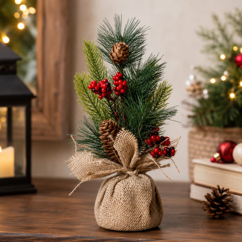 Arranjo Natalino 30cm Mini Árvore Mesa Pinhas Frutos Vermelhos Enfeite Rústico Juta Decoração Luxo Natal