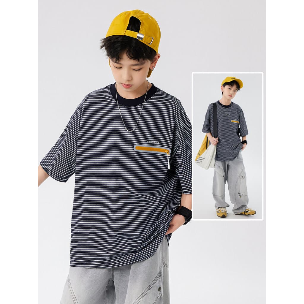 Jovens meninos camiseta de manga curta listrado All-Match fino camiseta roupas de verão 2026 novo estilo meninos grandes