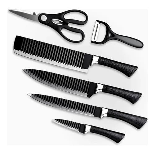 Kit Facas 6 Peças De Churrasco E Cozinha Antiaderente (preto Preto