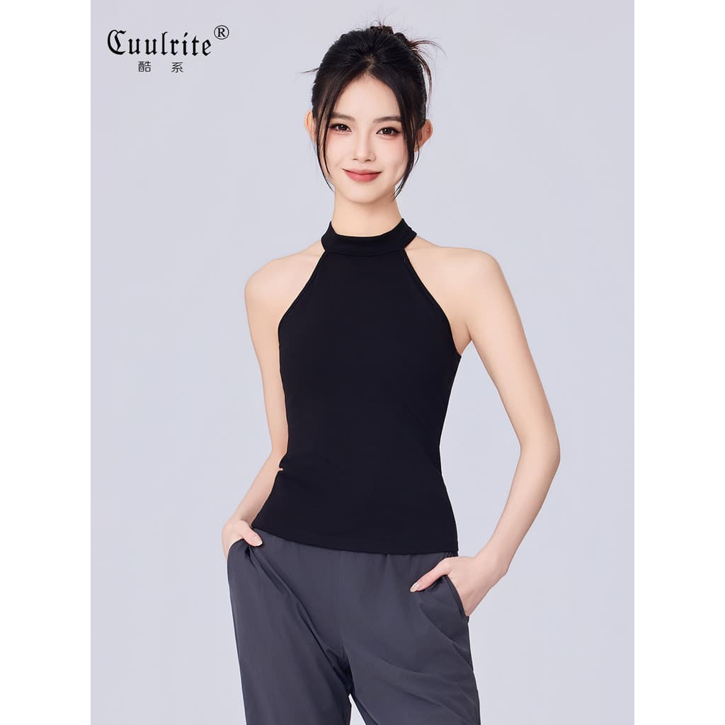 Terno de prática de balé adulto feminino preto Halterneck colete mais magro olhar sem mangas superior Bottoming moderno