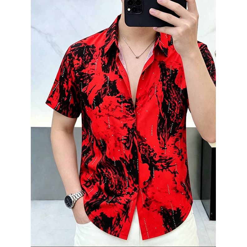 Camisa de manga curta estilo tinta masculina verão lapela fina impressa camisa casual Street Wear casual All-Match Jacqu