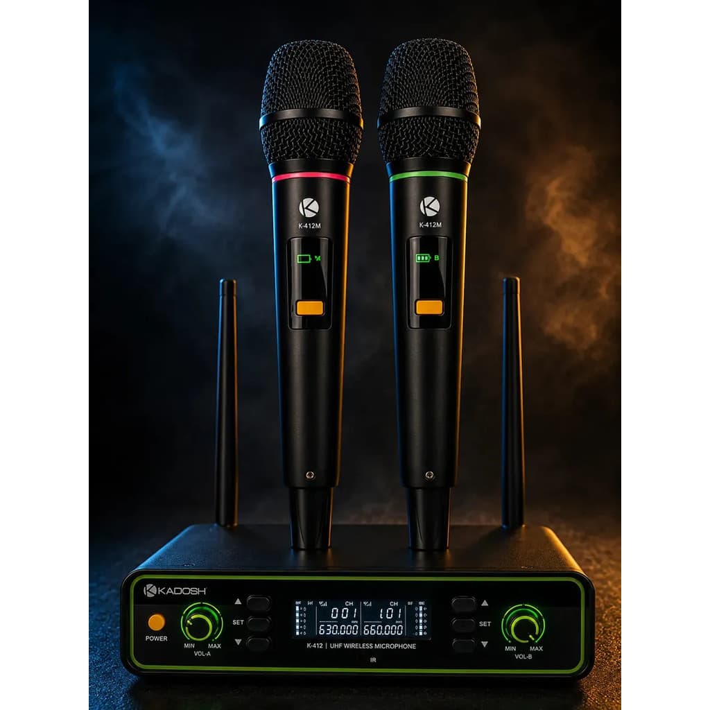 Microfone Sem Fio Duplo Kadosh K-422M UHF 200 Canais Dinâmico Cardioide Profissional