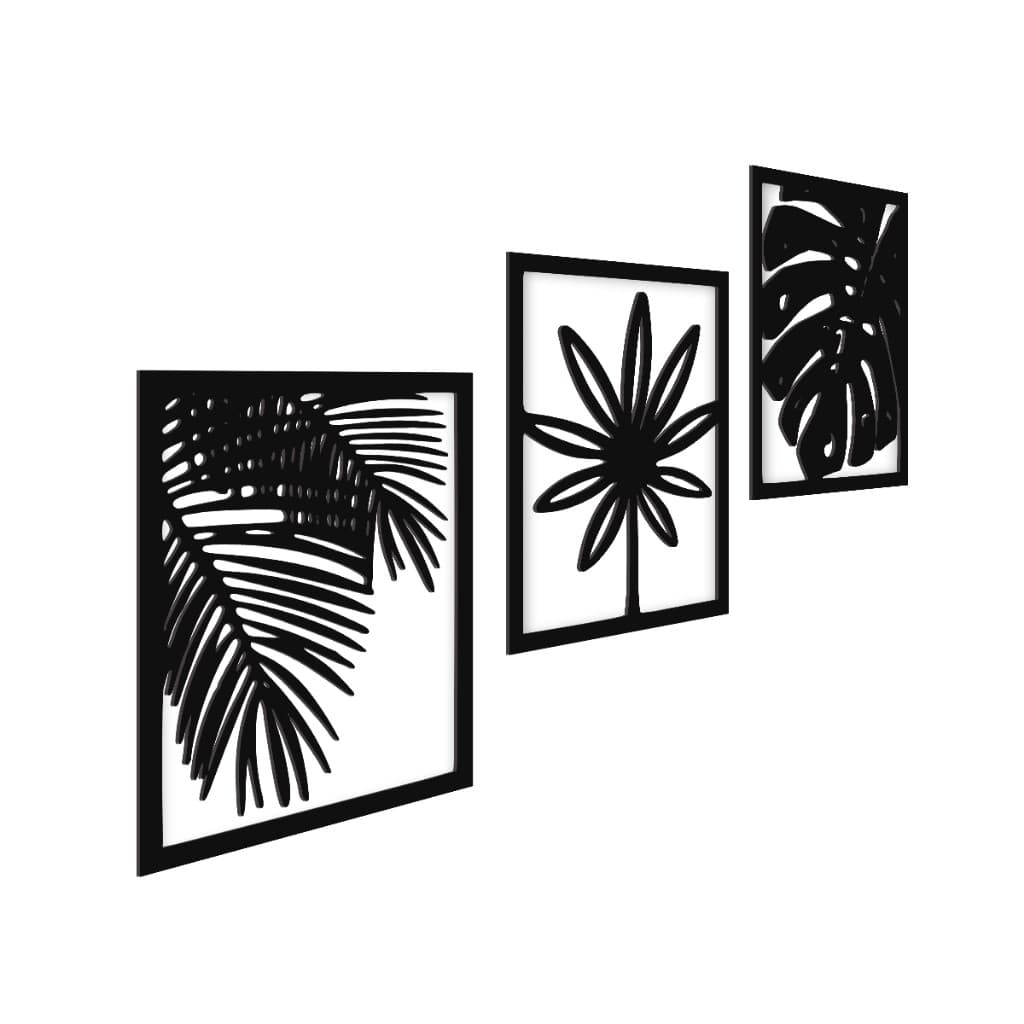 Conjunto de Quadros Vazados MDF Folhas Tropicais Preto Natureza e Sofisticação