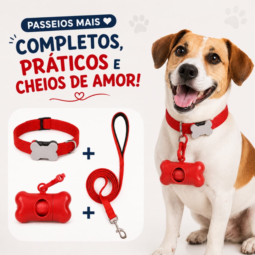 Coleira para Cachorro e Guia com Cata Caca e Saquinho Kit 3 Peças