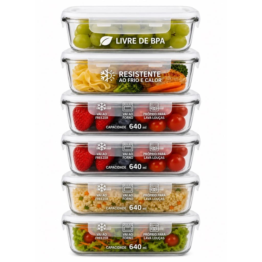 Conjunto de 06 Potes de Vidro 640ml Tampa Hermética com Trava Fitnes Marmita Organizador pode ir no Freezer microondas L