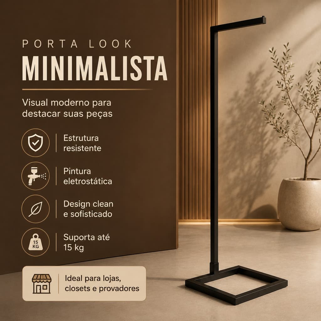 Arara Expositora Metalon Porta Look Luxo – Exibição de Roupas Premium para Boutique e Closet Moderno