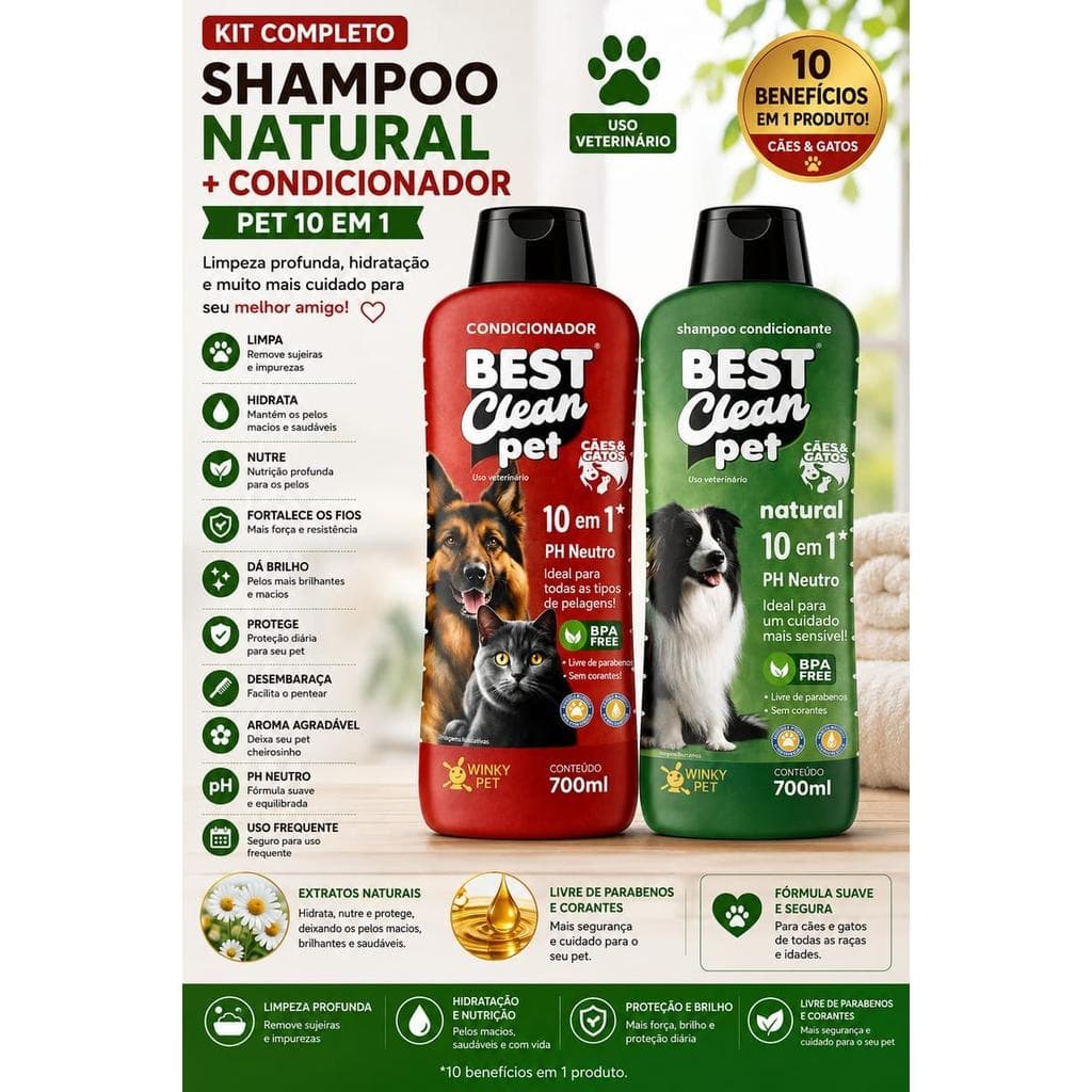 Kit Shampoo Natural com Condicionador Pet 10 em 1 700ml - pH neutro, sem parabenos, para cães e gatos, ideal peles sensí
