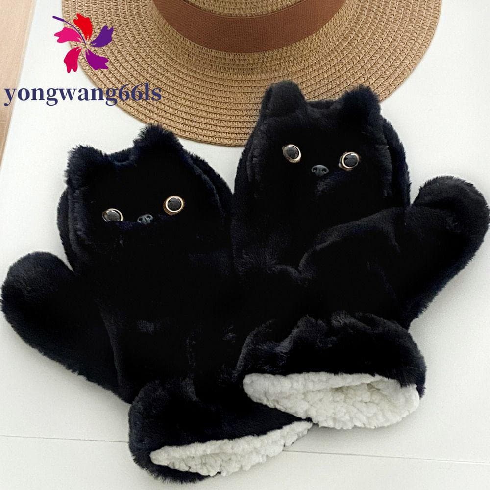 YONGWANG Luvas De Pele De Gato Preta , Luva Fofa De Gatinho De Desenho Animado , Quentes E Grossas À Prova De Vento Para