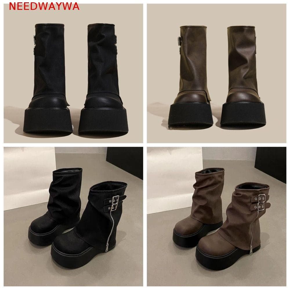 NEEDWAYWA Botas Femininas Até O Joelho , De Motociclista Com Fivela De Cinto Punk Y2K Cano Médio Estilo Rua