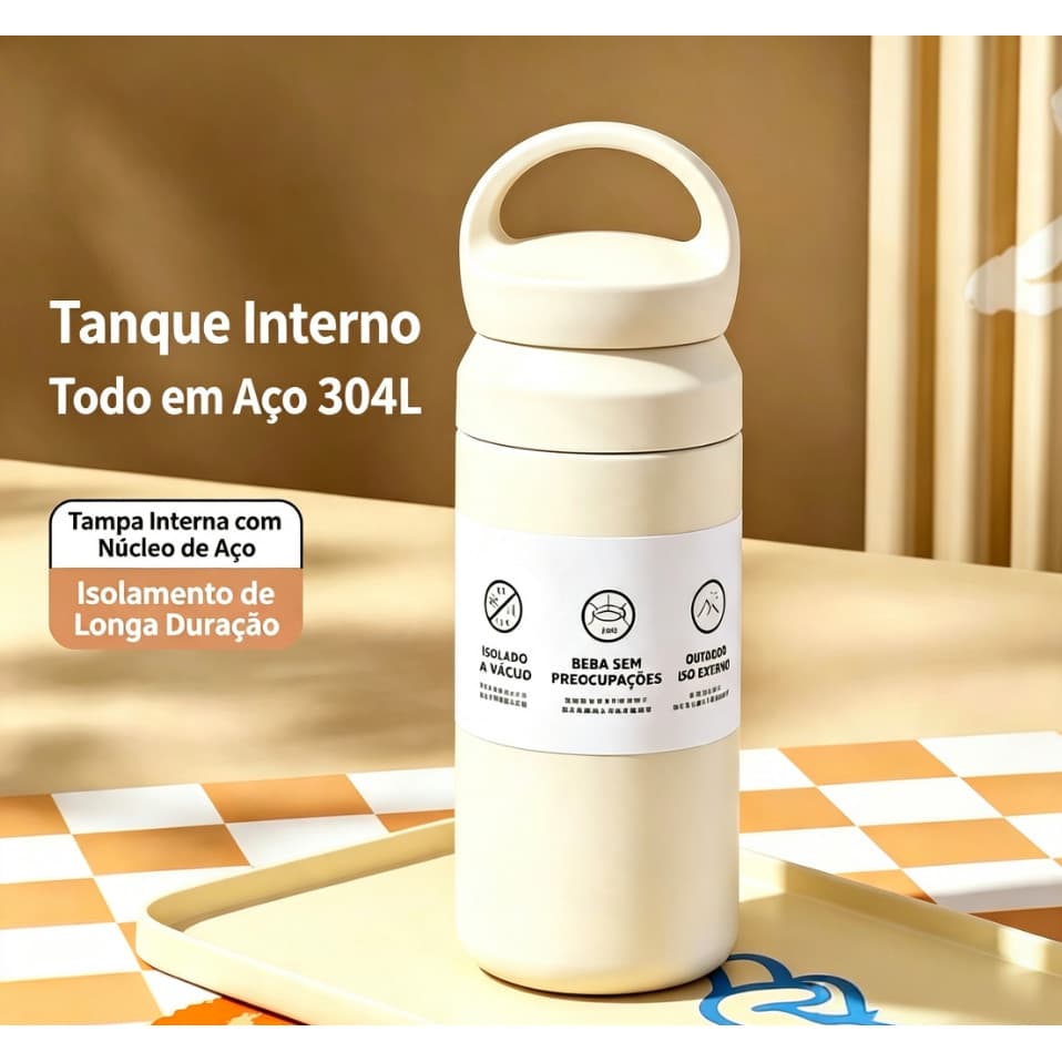 Copo Térmico 350ml Branco com Tampa Alça, Aço Inoxidável Parede Dupla, Garrafa Portátil Água e Café