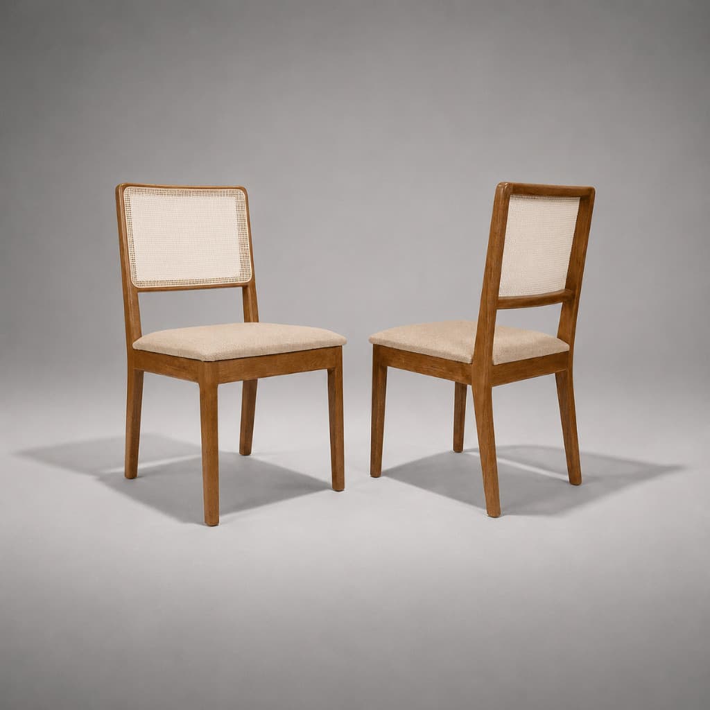 Par De 2 Cadeiras Olinda Estofada Linho Bege Mesa de Jantar Sala de Estar Recepção Telinha Rattan Decorativa Luxo