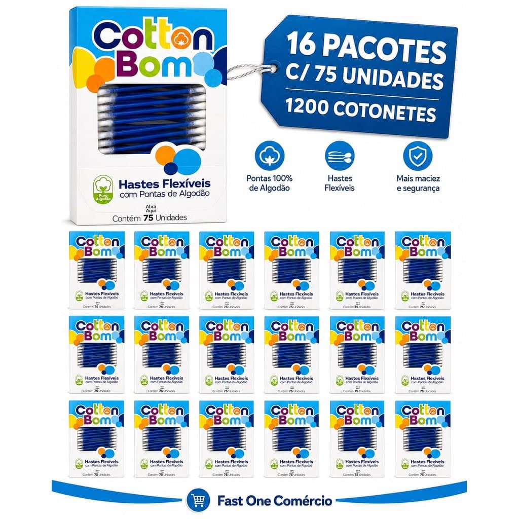 1200 Hastes Flexíveis Cotonetes CottonBom Line 75 Unidades Cada Cartela Caixa Atacado