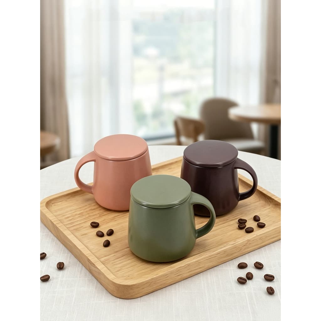 Xícara de café Ezicok Caneca de cerâmica com tampa Copo de água Criativo Pote de escritório Copo de barriga com alça e t