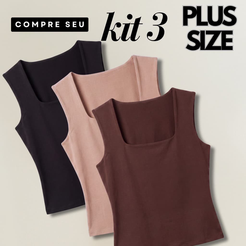 Kit 3 Blusas Regata Feminina Plus Size Gola Quadrada Elegante Básica Casual
