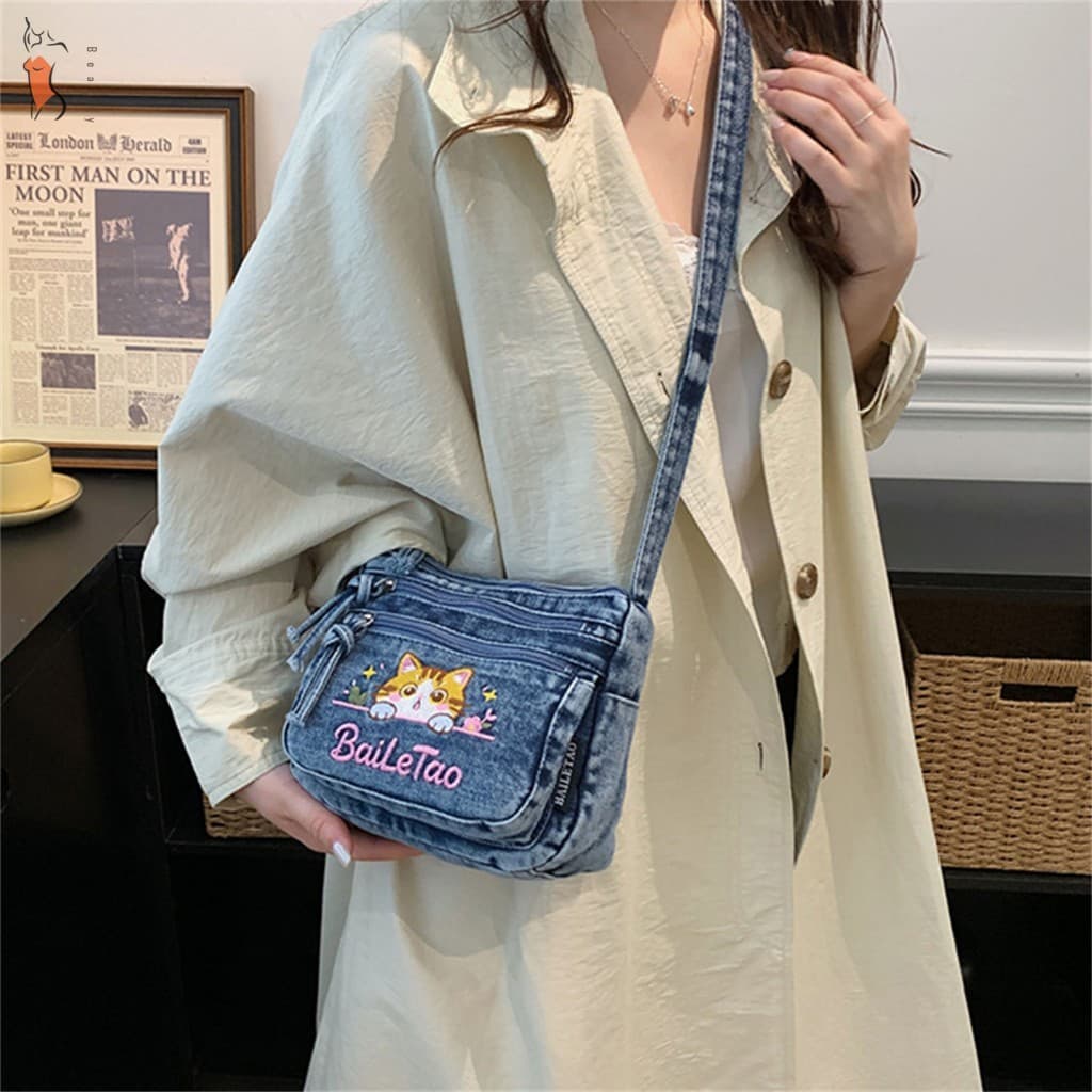 Bolsa Crossbody Bordada De Gato Jeans Lavada Para Mulheres , Meninas , Alça Ajustável , Pequena , Deslocamento Diário ,