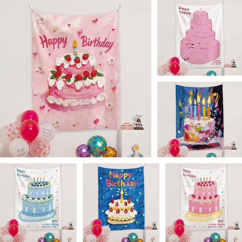 Bolo de aniversário flanela decoração tapeçaria Retro pintado à mão bolo aniversário tapeçaria ins pintura a óleo estilo