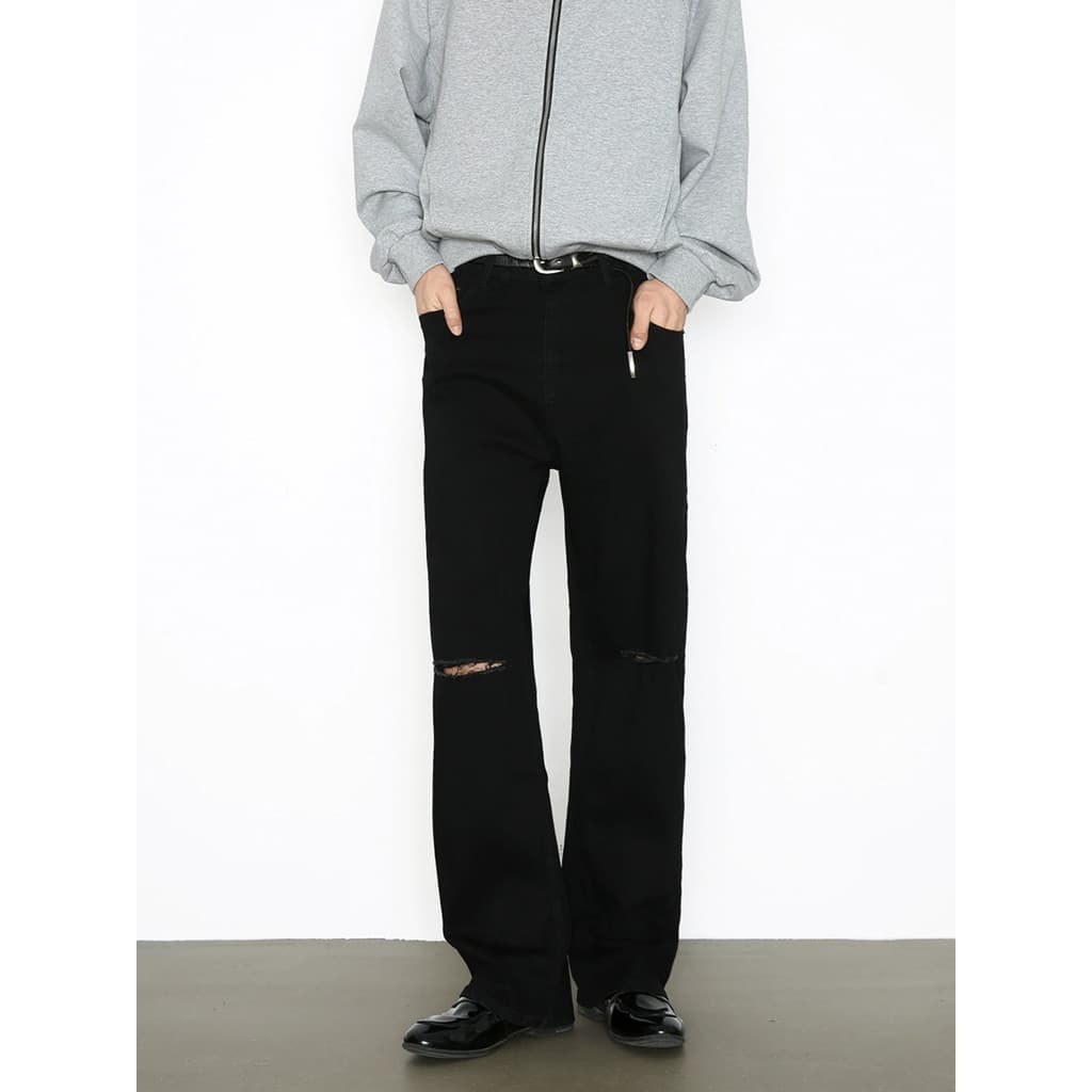 High Street Casual Preto Rasgado Jeans Reto Na Moda Faca Corte Joelho Calças Beggar Soltas