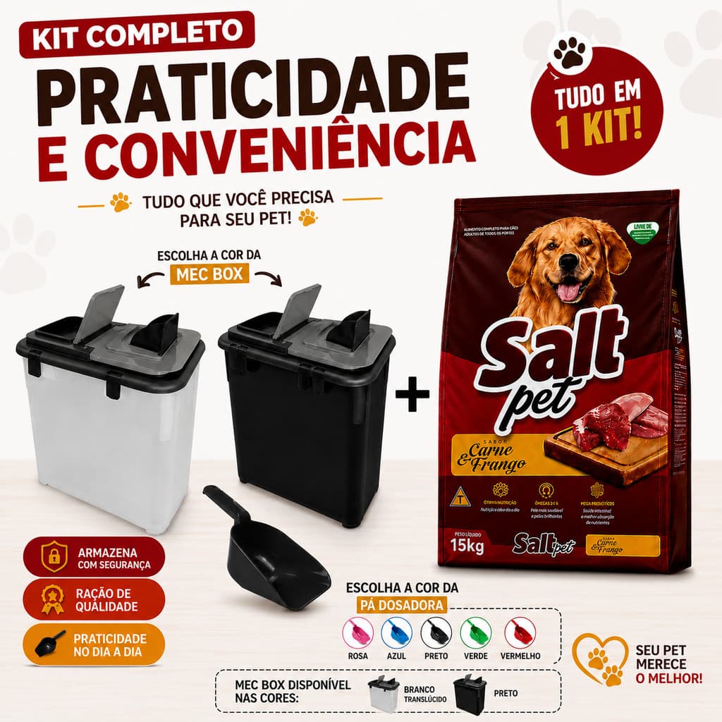Conteiner De Ração 35L 15KG + Ração 15kg Carne E Frango + Pá Dosadora Cachorro