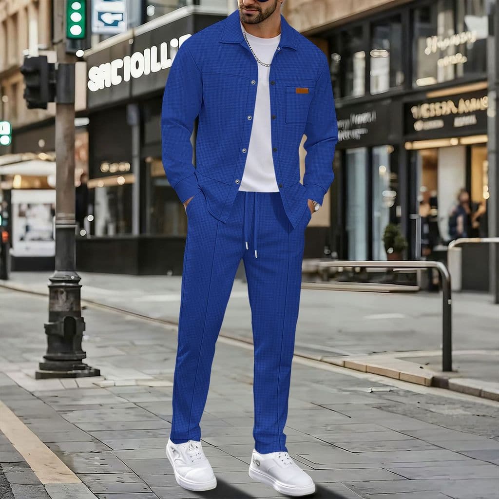 [Venda quente] Conjunto de Waffle Casual masculino cor sólida trabalho bolso botão Cardigan jaqueta calças [envio rápido