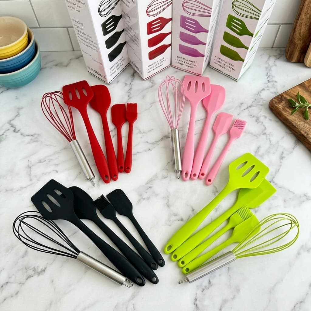 Conjunto De Utensílios De Cozinha Silicone 5 Peças Espátula Padrão Pincel Fue Culinário Organização E Praticidade
