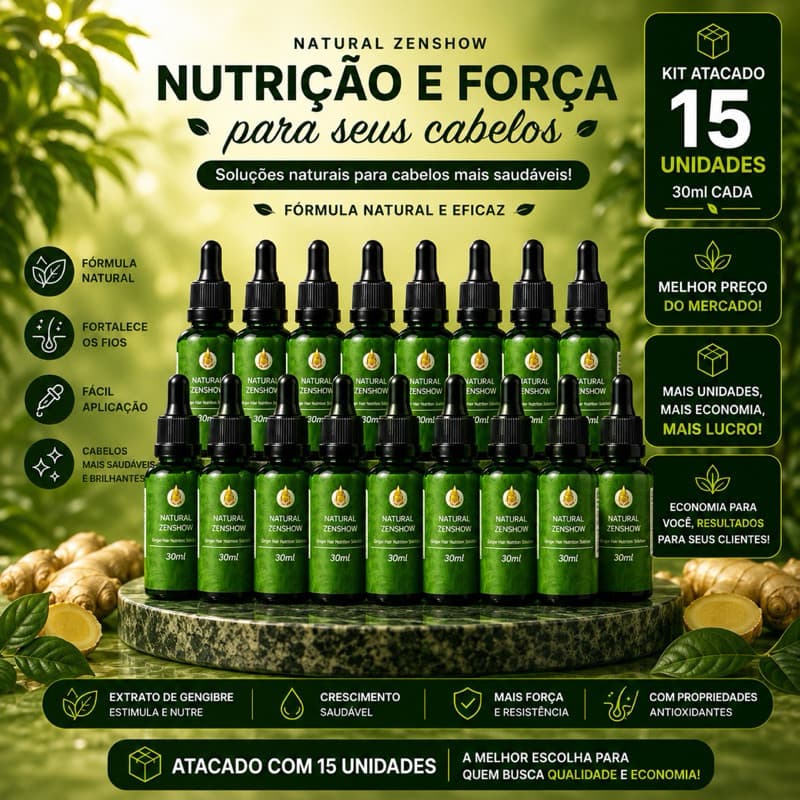 Kit Revenda Natural Zenshow Ginger Hair Nutrition Solution 30ml – 6, 10 ou 15 Unidades