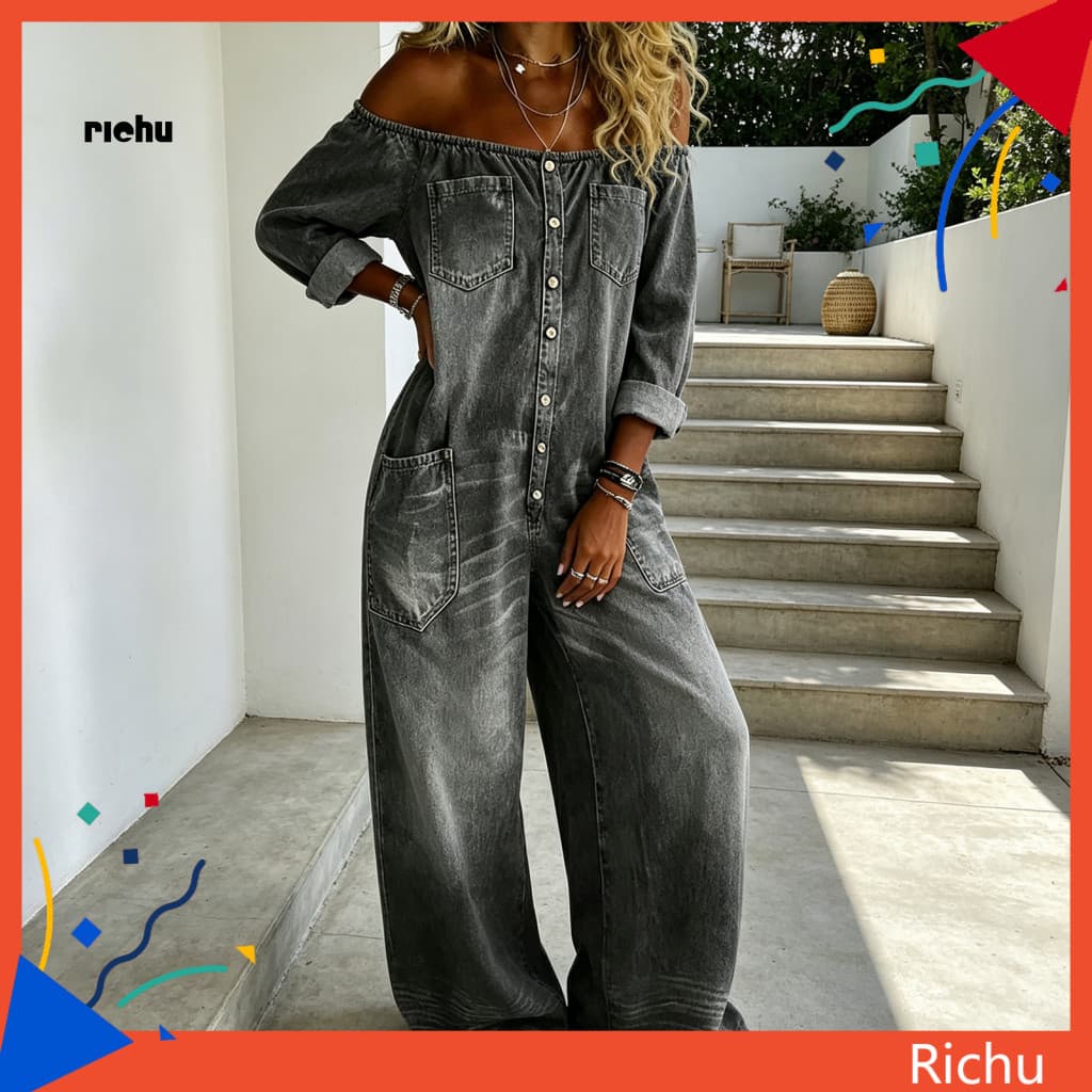 Chic Women Jumpsuit Women’s Denim Long Sleeve Off Shoulder Loose Fit Romper Button-down Wide Leg Jean Overalls with Po