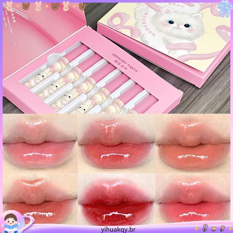 Seis peças pequeno gato bonito bonito espelho lábio esmalte conjunto rosto liso estilo coreano batom conjunto caixa não-