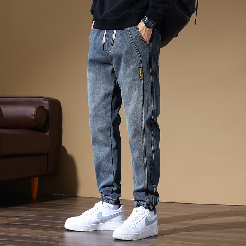 Calças de brim masculinas soltas estiramento All-Match na moda Casual Leggings calças masculinas primavera outono cordão