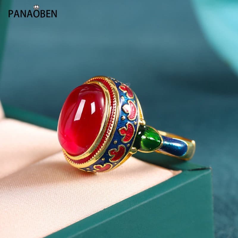 ♥Original Craft Natural Ágata Vermelha Natural Cloisonne 925 Silver Ring Girl Flower Esmalte Estilo Étnico Jóias de Casa