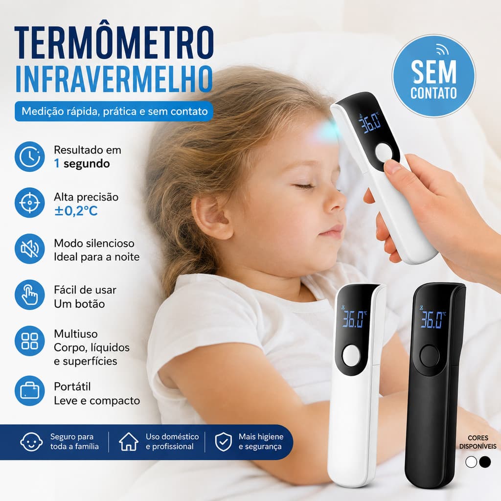 Termômetro Infravermelho Digital Sem Contato Febre Infantil Adulto 1s Alta Precisão