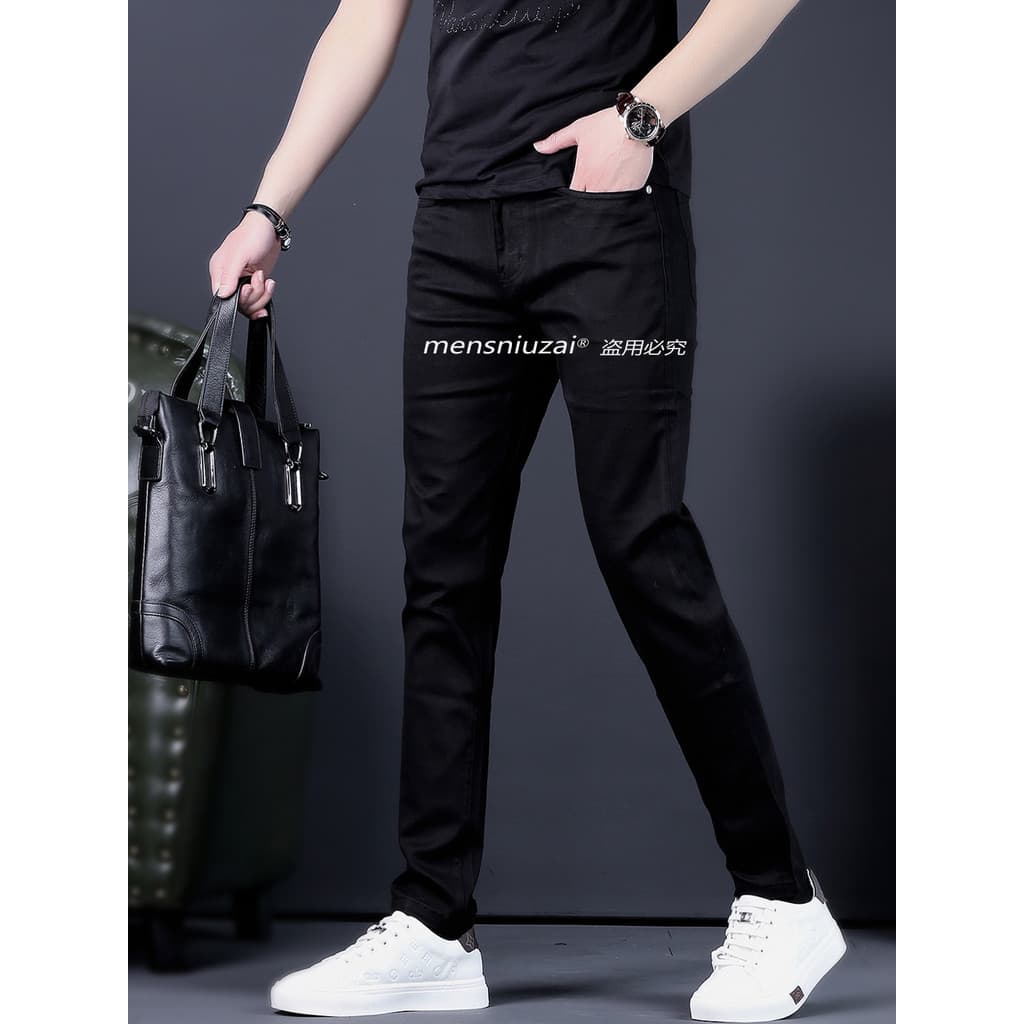 Calças de brim pretas puras masculinas versão coreana High-End na moda calças masculinas magro-ajuste All-match calças 2