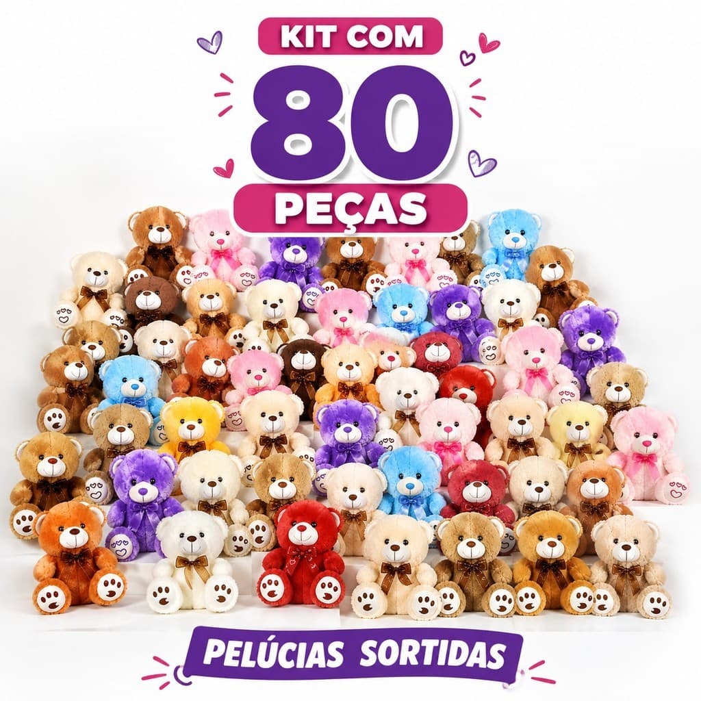 Kit 80 Ursos 23cm para Máquinas Gruas - Ideal para Presentes