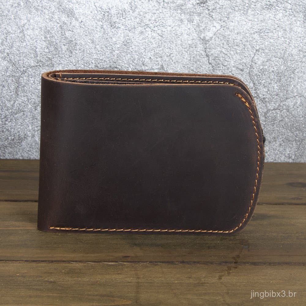 [Promoção] Carteira Masculina Artesanal de Couro Genuíno, Estilo Horizontal, Couro de Primeira Camada, Acabamento Crazy