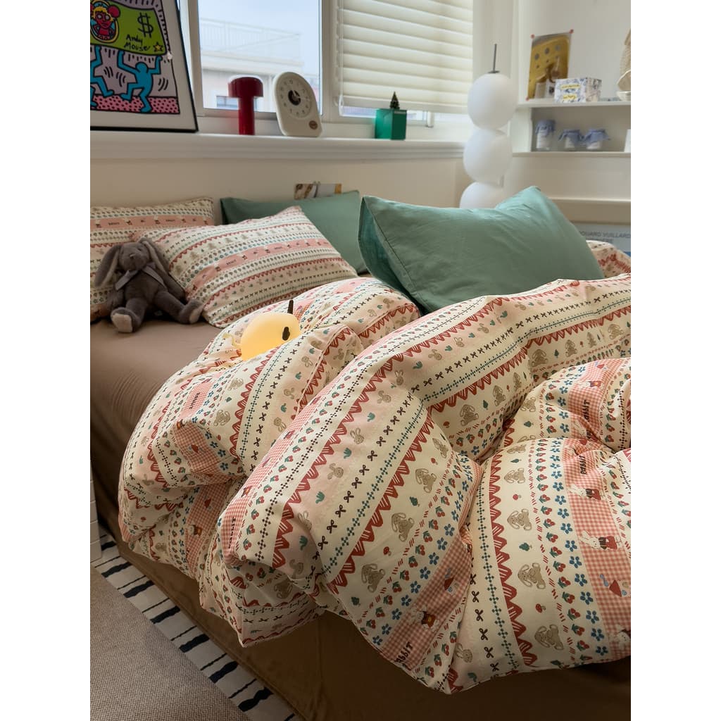 Menina coração classe A algodão dupla camada fio cama conjunto de quatro peças bonito coelho 100% algodão colcha capa le