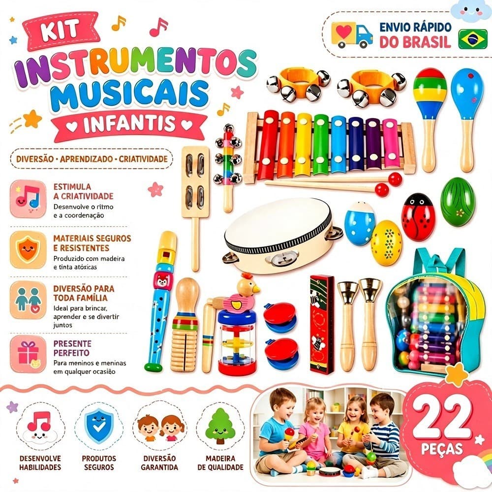 Kit 22 Peças Conjunto De Instrumentos Musicais De Percussão Infantil Brinquedos Educativos Musicais Montessori