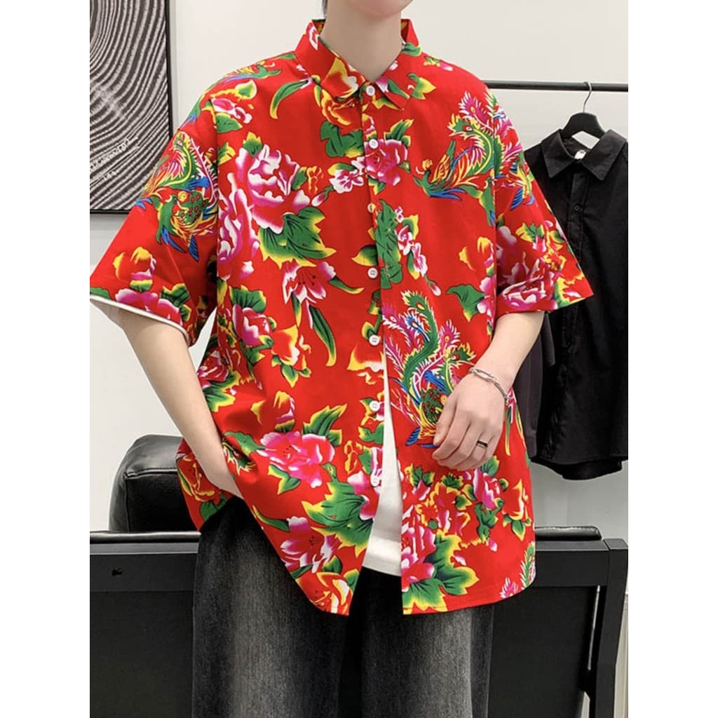 Estilo chinês nordeste grande flor pano camisa de manga curta masculino gordo tamanho grande solto flor camisa verão inf